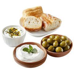 Fresh bread olives and yogurt dips isolated on white or transparent PNG