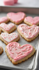 Creative holiday food concept. Row of heart shaped cookies with pink and white icing on silver baking sheet decorated with fabric.