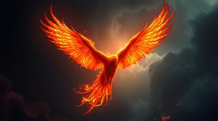 Fiery Phoenix: Majestic Flight Through Stormy Skies