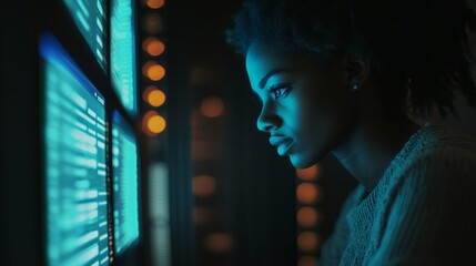 Black female it support engineer working in a dimly lit data center with laptop and network systems, showcasing cybersecurity, analytics, and problem-solving in a high-tech server room environment.