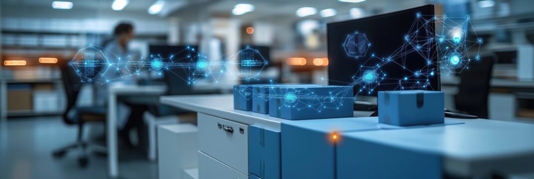 Medical supply chain routes visualized on software. Logistics tech shows efficient delivery operations. Healthcare office background displays system for medical shipment scheduling. Digital mapping