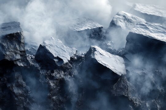 Dark Moody Smoky Rockscape: Abstract 3D Render of Grey and Blue Stone Formations cold foggy misty