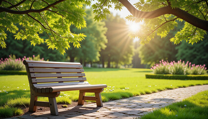 Fototapeta premium Park bench overlooking a beautiful garden with colorful flowers and trees in sunny morning light