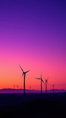 A breathtaking sunset with a wind farm standing tall against a vibrant purple sky.