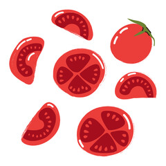 Fresh tomato. Tomato slices illustration. Farm market vegetable product. Salad ingredient. Botanical picture. Modern poster with hand drawn design for wall decor, card, cover.