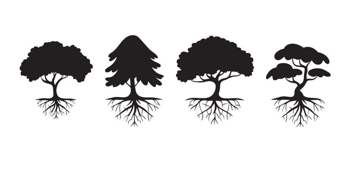 tree with roots set vector art silhouette