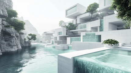 Fototapeta premium Modern architectural design with cascading water features, surrounded by lush greenery and rocky cliffs under soft natural light