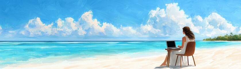 A serene beach scene featuring a woman working on a laptop, surrounded by clear blue water and soft, white sand under a bright sky.