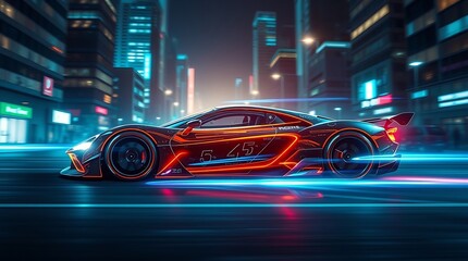 "Futuristic Sports Car in Neon-Lit Cyberpunk Cityscape - High-Speed Night Drive