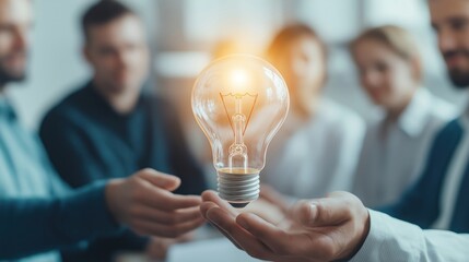 Business people brainstorm in office. Team holds lightbulb new idea. Collaboration, teamwork concept. Innovative ideas emerge during meeting. Creative professionals in modern office. Creative