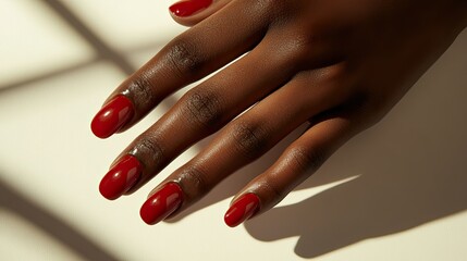Close-up of hands with bold, glossy red nails elegantly arranged on a clean, light background with shadows for dramatic effect.
