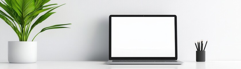 Obraz premium A minimalist workspace featuring a laptop, a potted plant, and a pen holder against a clean white wall.