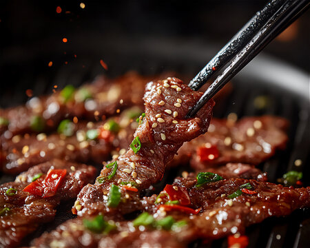 A close up shot of chopstics picking up galbi, juicy meat korean bbq