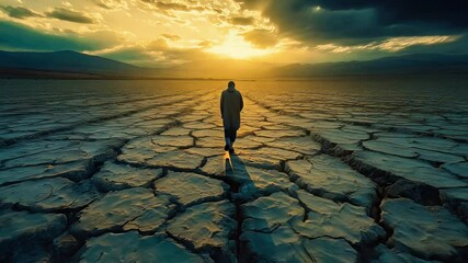 A solitary figure walks across a drought-stricken desert landscape with dramatic cracked earth, while golden sunbeams pierce through turquoise storm clouds on the horizon