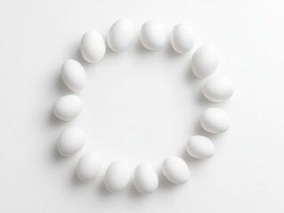Obraz premium Minimalist Top-Down View of White Eggs Arranged in a Circular Frame for Celebrations, Perfect for Chinese New Year and Easter Themes in a Simple Design