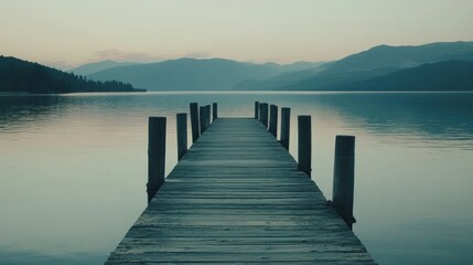 Obraz premium Tranquil Lake Pier: Serene Sunset over Mountains