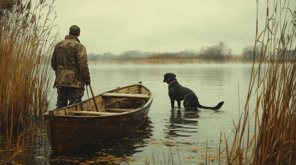 Hunters with a black labrador on a lake with reeds and a hunting boat