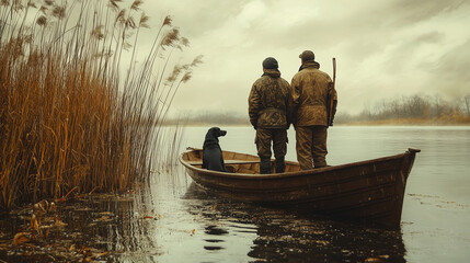 Hunters with a black labrador on a lake with reeds and a hunting boat