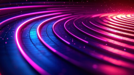 Obraz premium Abstract swirling neon lights, pink and blue circular patterns on dark background.
