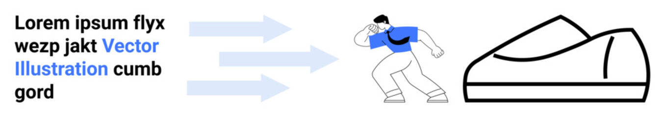 Running character, abstract structure, arrows, sample text, blue and black colors. Ideal for progress, movement, motivation, goals, sports, and achievement themes. Landing page