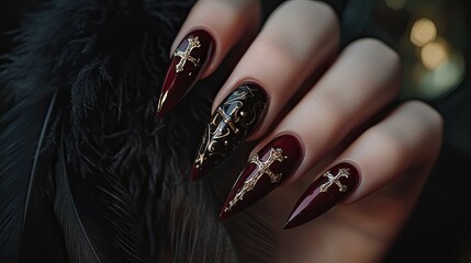 Dark red Halloween nails featuring intricate crosses, styled on a hand holding a black feather against a moody setting.
