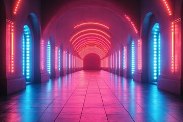 3D render of an abstract neon background with illuminated blue and purple LED screens in a dark room, creating a futuristic atmosphere.
