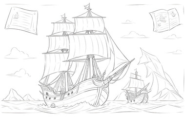 Hand-drawn sketch of two sailing pirate ships on rough seas with treasure maps