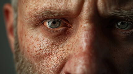 Fototapeta premium Intense close-up of a man's face showing detailed skin texture and piercing blue eyes in soft lighting