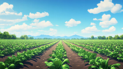 Lush Green Vegetable Field Under Blue Sky
