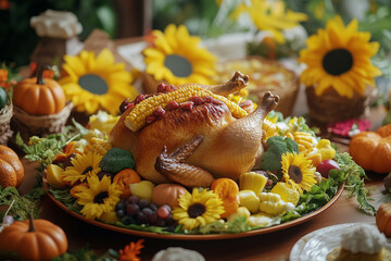 A beautifully arranged table setting for the feast, featuring a whole chicken as its centerpiece, surrounded by corn on the cob and vegetables, with autumn decorations