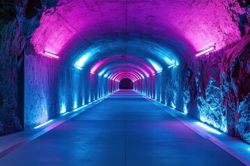 Neon Tunnel: Vivid Pink and Blue Lights Illuminate Arched Pathway, Creating a Surreal and Futuristic Atmosphere