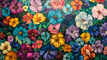 Vibrant floral pattern featuring an array of colorful flowers in full bloom.