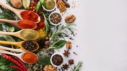 Colorful spices, Wooden spoons, Fresh herbs, Culinary ingredients, Vibrant powders, Aromatic seasonings, Food photography, Rustic background, Overhead view, Culinary art, Cooking preparation, Natural 