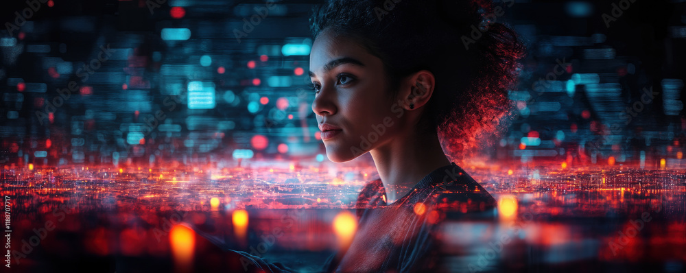 Poster futuristic digital technology concept with computer science engineer programming on laptop