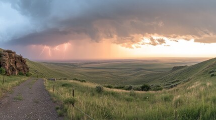 Dramatic sunset panorama with lightning over grassy plains.