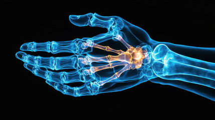 X-ray film, An X-ray image showing a human hand gripping a small metallic object, highlighting anatomical details and the interplay of light and shadow.