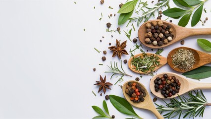 Colorful spices, Wooden spoons, Fresh herbs, Culinary ingredients, Vibrant powders, Aromatic seasonings, Food photography, Rustic background, Overhead view, Culinary art, Cooking preparation, Natural 