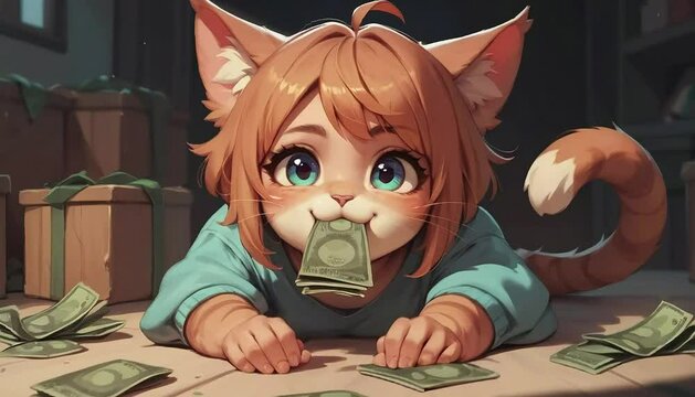 입에 돈을 물고 있는 귀여운 아기 고양이