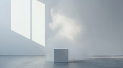 Fototapeta premium Minimalist Interior Design: White Cube, Fog, and Sunlight