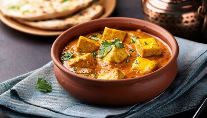 Indian traditional cuisine paneer handi in clay pot served with flatbread tandoori roti