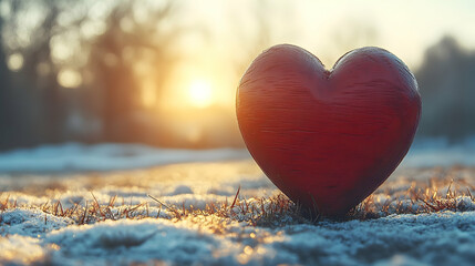 Fototapeta premium Winter sunrise, heart, snow, love, hope, nature, romance, card