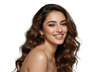Portrait of smiling girl enjoying beauty treatment on beige background. Beautiful natural woman looking at copy space, spa and wellness concept. Carefree laughing woman with bare shoulders isolated.