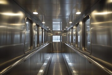 Obraz premium Modern Metal Corridor: Sleek Interior Design with Illuminated Walkway and Stainless Steel Walls, Leading to an Exit.