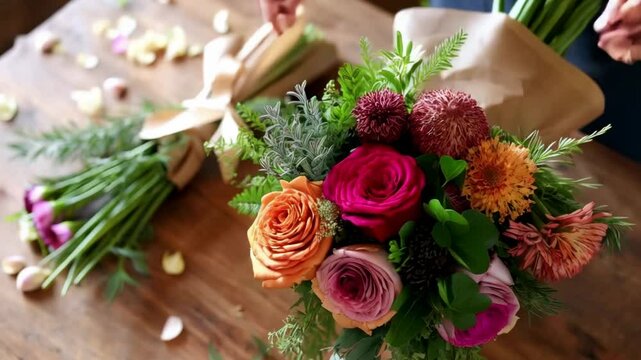 Video of a assembling a vibrant floral bouquet on a rustic wooden table.