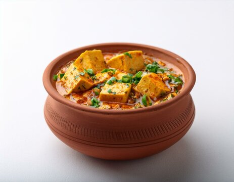 Indian traditional cuisine paneer handi in clay pot on white background