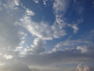 view of the blue sky before sunset during the setting of the sun, white clouds appear to light up in the sun, suitable as wallpaper or background, presentations