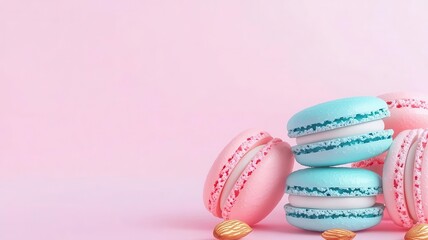Fototapeta premium Macaroons almond textures pastel color background. Colorful macarons in pink and blue stacked on a pastel background, accompanied by a golden cookie, creating a sweet and vibrant dessert display.
