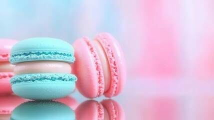 Fototapeta premium Macaroons almond textures pastel color background. Colorful macarons in pink and blue hues glisten against a soft pastel background, creating a delightful and inviting dessert scene.