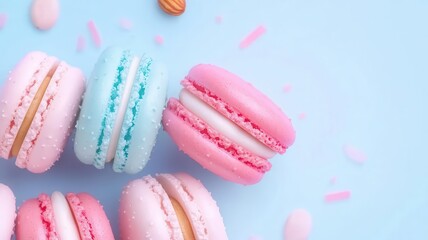 Obraz premium Macaroons almond textures pastel color background. Colorful macarons in pink and blue on a pastel background, showcasing their delicate texture and vibrant hues.