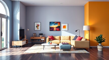 Modern Living Room with Cozy Decor and Bright Accents